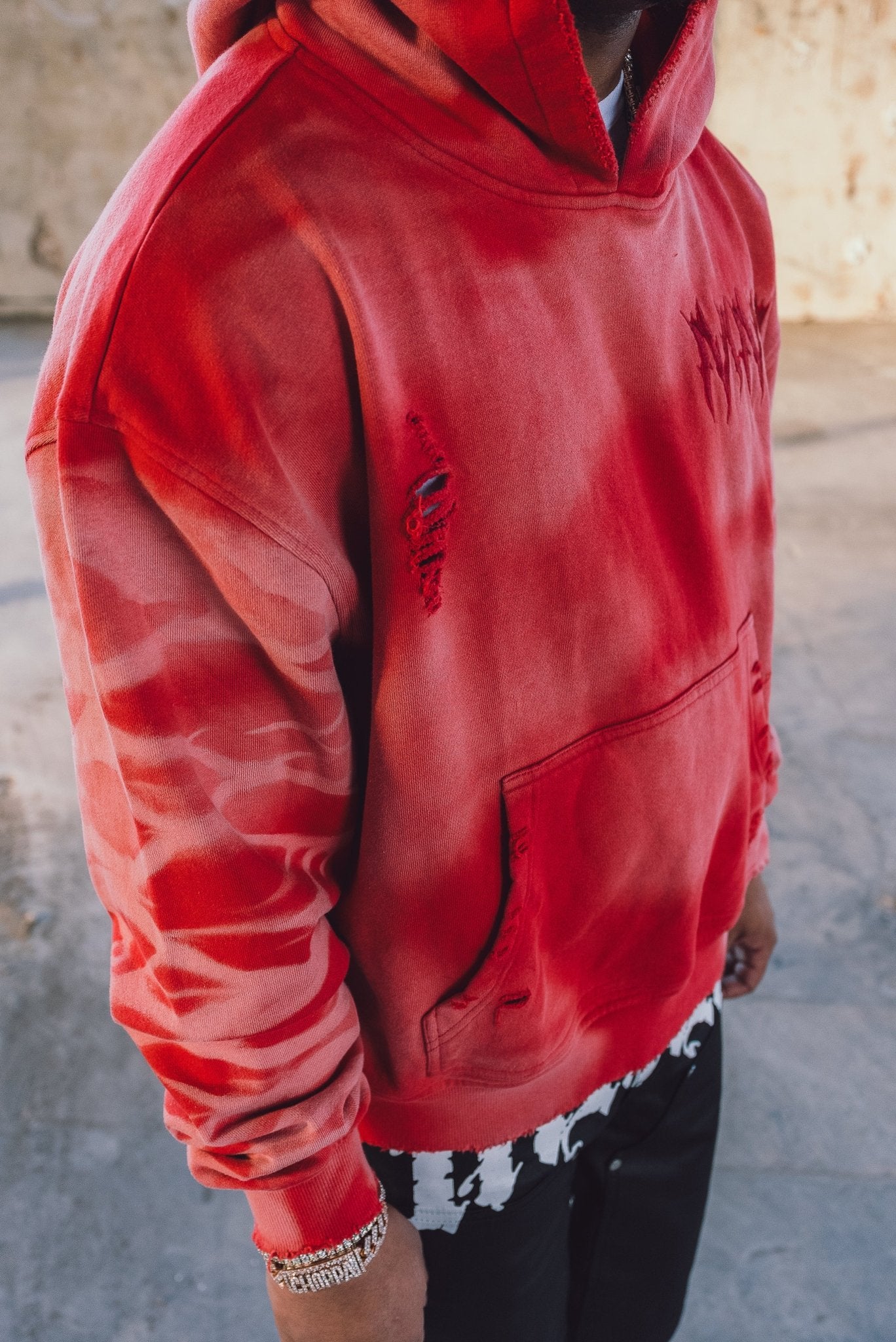 Hidden Letters Distressed Sun Faded Hoodie (Red) - MMMBrand